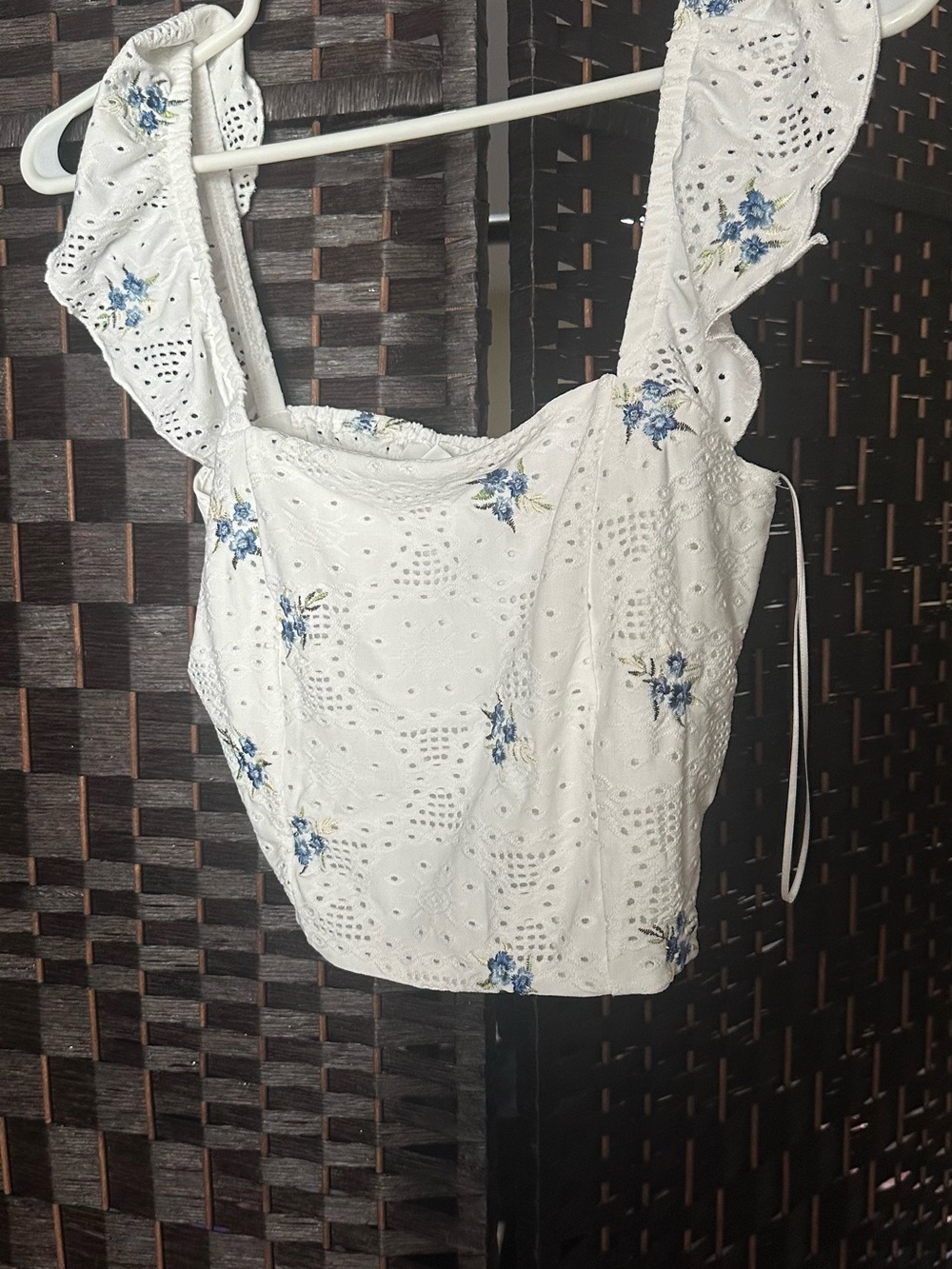 iris White Eyelet Camisole with Blue Floral Embroidery
